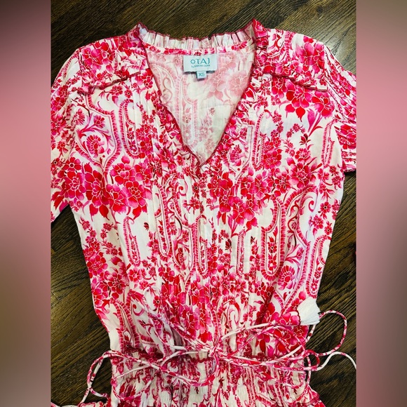 TAJ Sabrina Crippa Mini Dress Pink Floral Pleated Ruffle Sequin Sleeve V-Neck XS - Picture 2 of 11